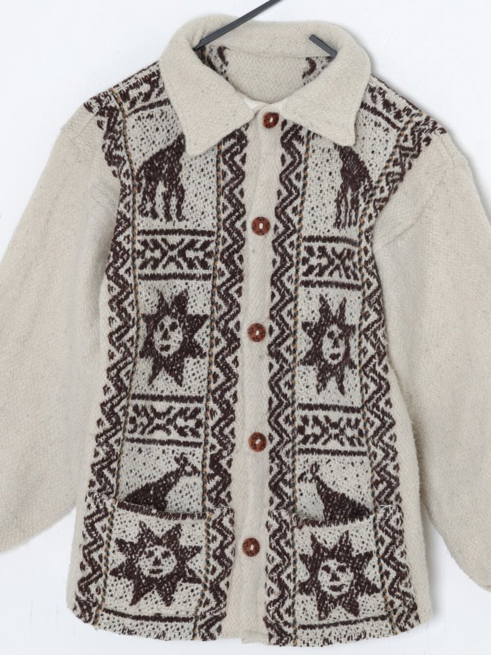 1970s–80s, Hand-Loomed Wool Pile Overshirt with Andean Solar and Camelid Motifs